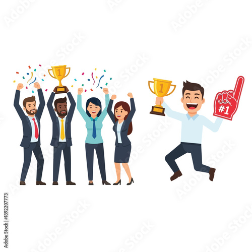Happy business people celebrating success with trophies and confetti, alongside a joyful man holding a trophy and a number one foam finger.