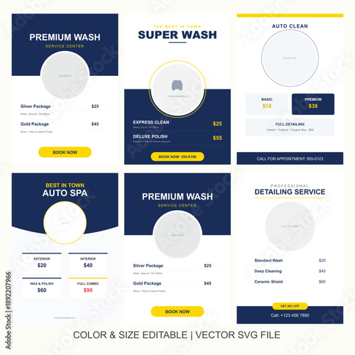 Blue and yellow car wash flyer template set
