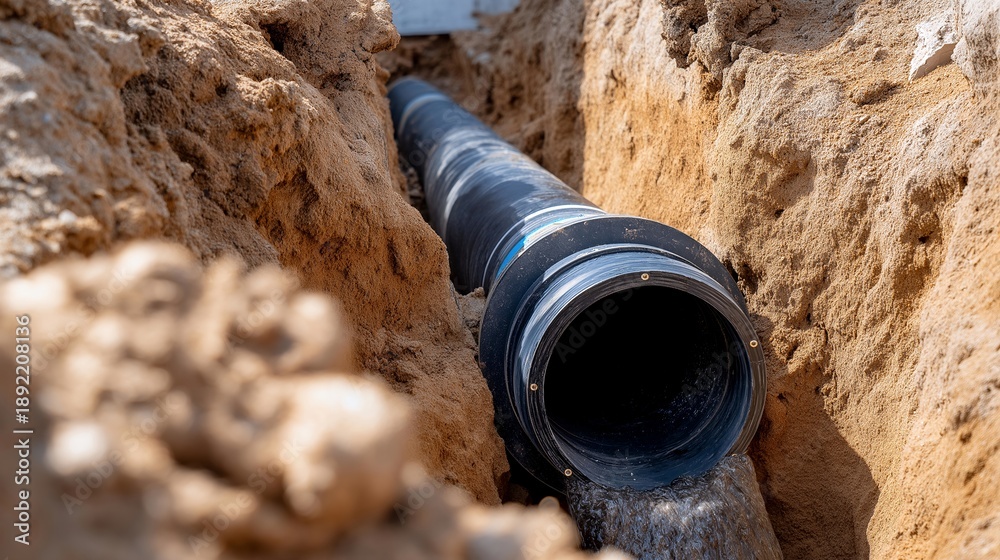Obraz premium A dug trench in the ground reveals the meticulous installation of pipes, showcasing essential infrastructure work that highlights engineering skills and the importance of utility services for urban