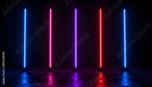 Wallpaper Mural Five vertical neon lights in blue, pink, purple, and red illuminate a dark, wet floor Torontodigital.ca