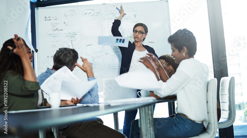Photos Angry woman, chaos and team with presentation on whiteboard for bad idea, disagreement or mistake