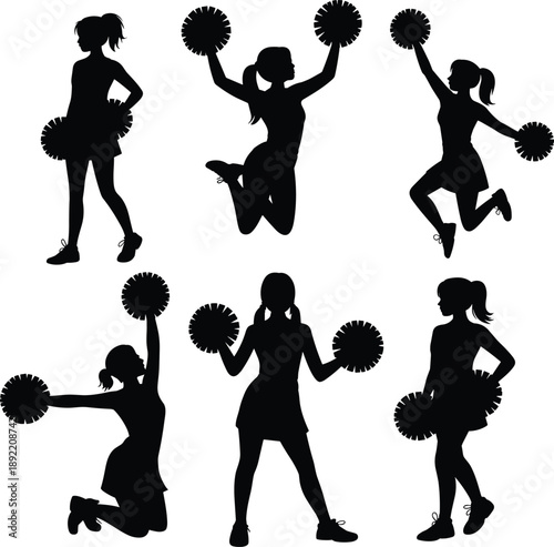 Set of female cheerleader silhouettes performing dynamic dance routines with pom poms, featuring various athletic poses for sports team spirit illustrations.