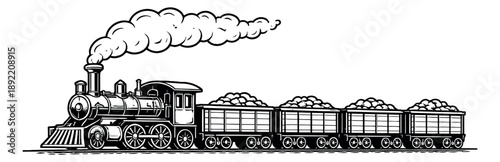 Hand drawn illustration of a steam locomotive depicting cargo wagons with coal for industrial transportation