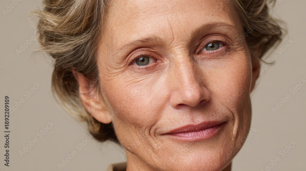 Fototapeta premium Mature woman with short hair and natural makeup against neutral background