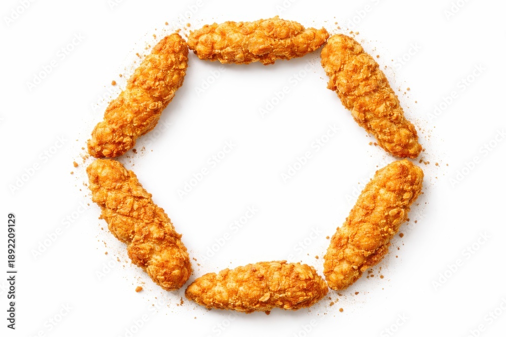 Obraz premium Fried chicken breast strips arranged as hexagon frame with empty center copy space top view flat lay high key studio photo