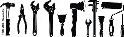 Collection, of, black, silhouettes, featuring, various, hand, tools, including, hammer, pliers, wrenches, axe, calipers, paint, roller, and, screwdriver, for, construction.