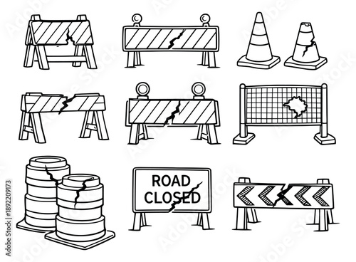 Hand drawn line art road construction elements set featuring damaged barricades, cones, and signs for repair and closure