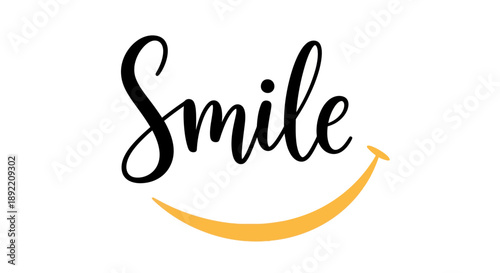 Smiling face with a yellow curved line under black typography on white