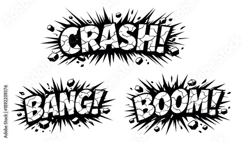Comic book style sound effects set featuring crash, bang, and boom exclamations for dramatic graphic design