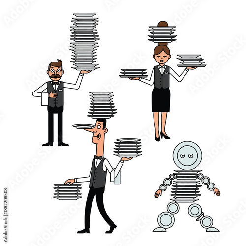Four cartoon figures, three waiters and one plate robot, balancing large stacks of dishes, illustrating service industry challenges and efficiency.