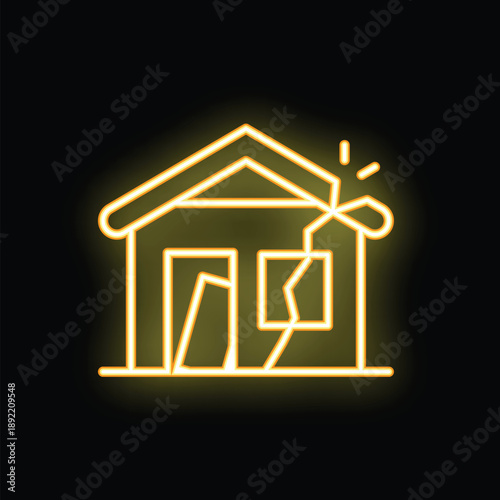 Yellow glowing neon icon of a damaged house is showing earthquake consequences