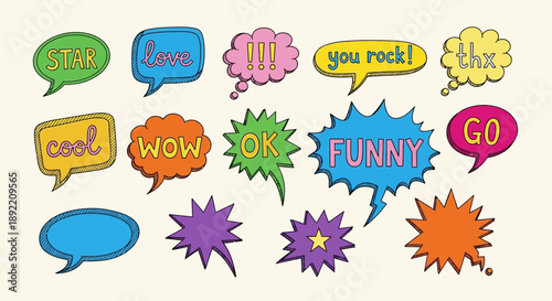 Colorful comic speech bubbles with funny words and expressions are displayed