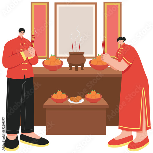 Chinese Culture Illustration. Vector illustration of Traditional Chinese family performing incense offering at home altar during festive celebration. Isolated on background