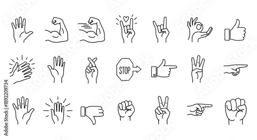 Various hand gestures depicted through illustrations on a clean surface