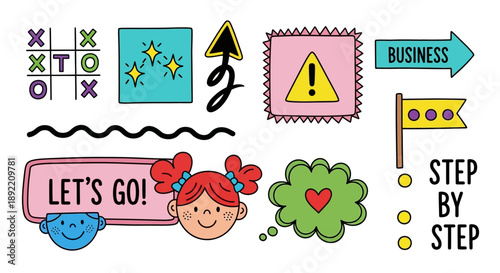 A colorful illustration of a girl with a motivational sign and various business icons around her in a lively graphic design.
