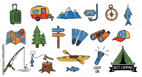 Camping adventure with gear and travel accessories in a serene natural setting with a tent and kayak