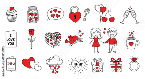Valentine's Day icons and symbols illustrate love and affection through various objects and expressions.