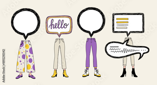 Four cartoon characters with speech bubbles and signs stand together