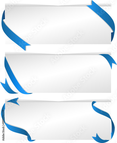 青い矢印が流れを表現する立体リボンバナーイラストセット｜循環・手順・誘導を示すホワイトベースの情報デザイン素材・Web、ビジネス資料、プレゼン向け