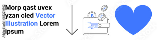 Cryptocurrency, digital transactions, blockchain networks, technology love, digital wallets, financial security. A blue heart next to a digital wallet releasing coins. Cryptocurrency and digital