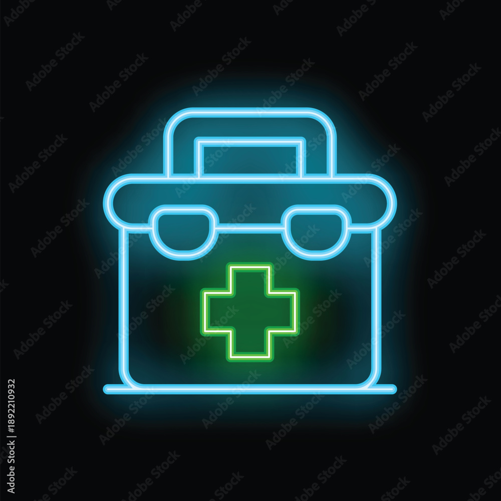 Fototapeta premium Glowing neon line first aid kit icon isolated on black background vector illustration