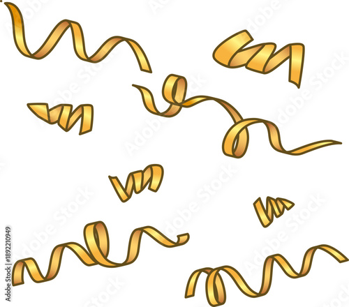 ゴールドカラーのリボン状紙吹雪が舞う華やかなお祝い装飾イラスト｜パーティー・記念日・イベント背景に使えるシンプルな装飾素材