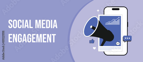Social media engagement banner with loudspeaker and phone showing data analytics charts