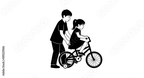 Illustration of a father teaching his daughter to ride a bicycle, showing a heartwarming family moment.