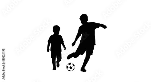 Silhouette of two boys playing soccer with a ball on a white background.