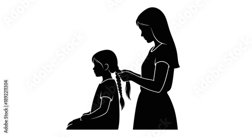 Silhouette illustration of a mother braiding her daughter's hair, showcasing a tender and loving moment between family members.