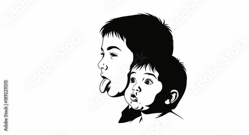 A black and white vector illustration of two children, one sticking out their tongue.
