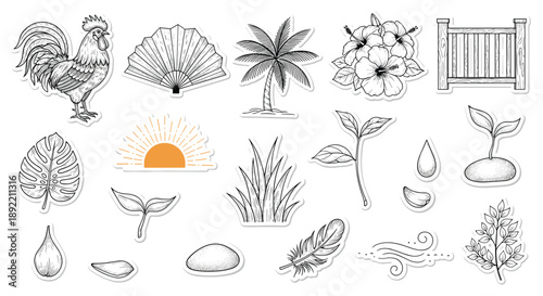 A beautiful collection of sketch-style stickers with an Asian-inspired nature theme, featuring a rooster, palm tree, hibiscus, and growing plant seedlings.