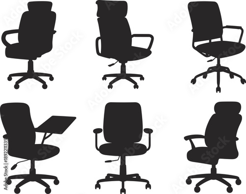 Set of Professional Office Chair Silhouettes Featuring Various Modern Ergonomic Executive and Task Chairs for Corporate Workspace Interior Design and Business Furniture
