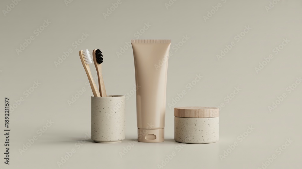 custom made wallpaper toronto digitalTwo Bamboo Toothbrushes in Speckled Holder with Cream Tube and Jar image photo