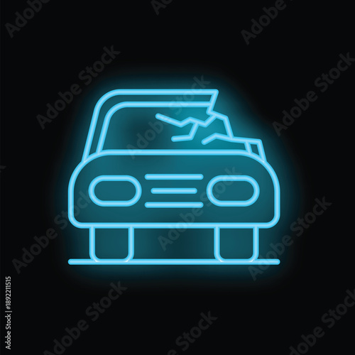 Blue neon icon of a damaged car with a broken windshield, symbolizing the importance of car insurance
