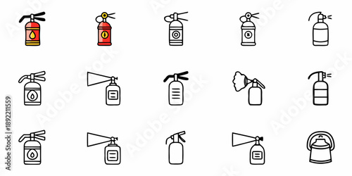 Fire Extinguisher Icons Set, Various Types and Colors, Safety Symbols