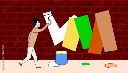 Man is painting a wall with a brush