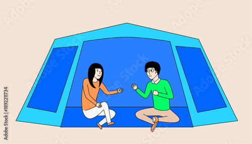 Man and a woman are sitting inside a blue tent