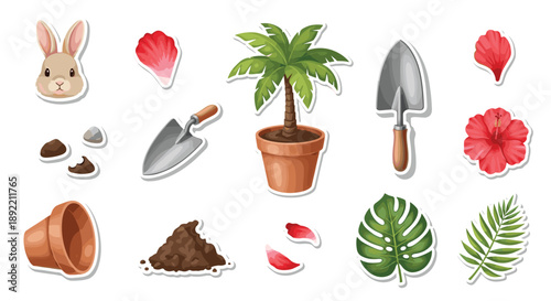 Gardening essentials sticker set featuring a rabbit, potted palm tree, trowels, flower pots, soil, and tropical leaves.