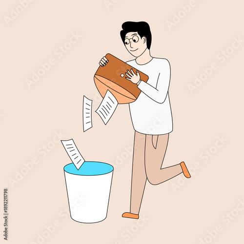 Man is throwing papers into a trash can