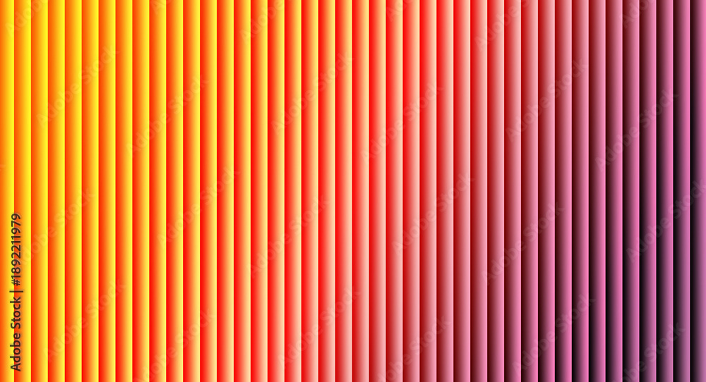 Fototapeta premium Abstract vertical ribbed background displaying a smooth gradient transition from bright yellow orange through vibrant red hues to deep magenta purple creating dynamic visual texture