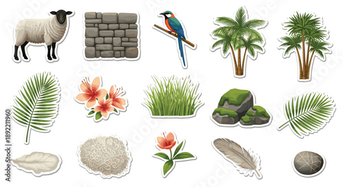 A beautiful and diverse nature sticker collection with a sheep, parrot, palm trees, mossy rocks, and delicate floral elements.