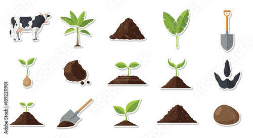 Farming and gardening sticker set focused on planting, with a cow, shovels, soil piles, and various stages of plant growth.