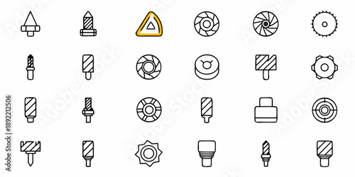 Industrial Icons Set: 20 Black and White Line Drawings of Machine Parts and Tools
