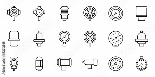 Industrial Mechanical Gauge Icons Set, Various Pressure and Flow Control Devices