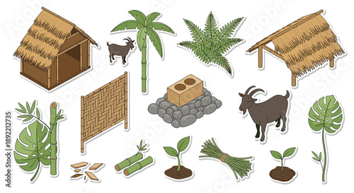 An isometric, hand-stitched style sticker set of a tropical village with goats, thatched huts, bamboo, and sprouting plants.