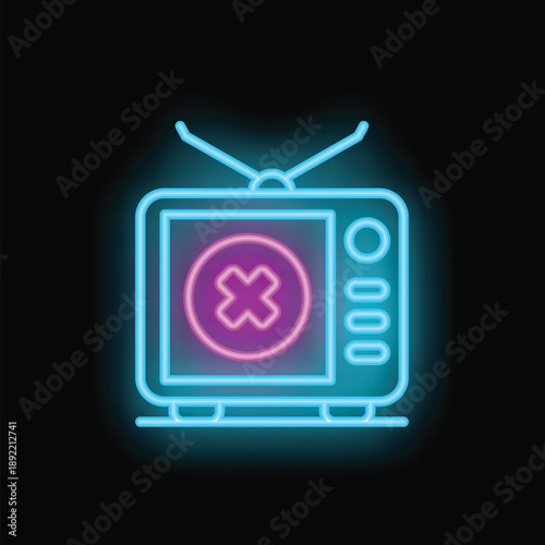 Neon glowing tv with a cross sign, representing the decline of traditional television in the digital age