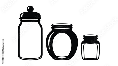 Three black and white illustrations of empty jars on a plain background