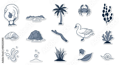 A monochromatic, hand-drawn sticker set of coastal wildlife and nature, including ducks, a crab, seaweed, and seashells.