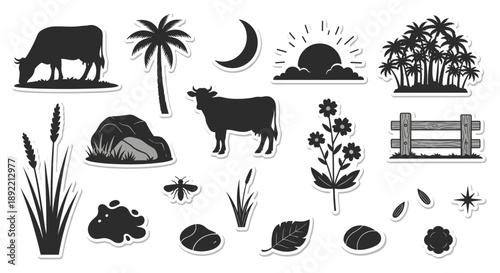 A black and white, grunge-textured sticker set of a rural landscape with cows, palm trees, a crescent moon, and plants.